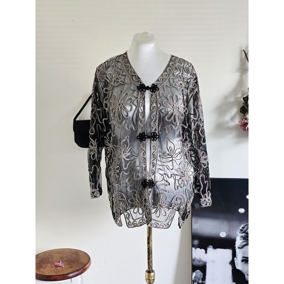 vintage Jackets & Blazers - Valenti Vintage 70s 1970s Black Gold Mesh Floral Cardigan Jacket Floral Glam L